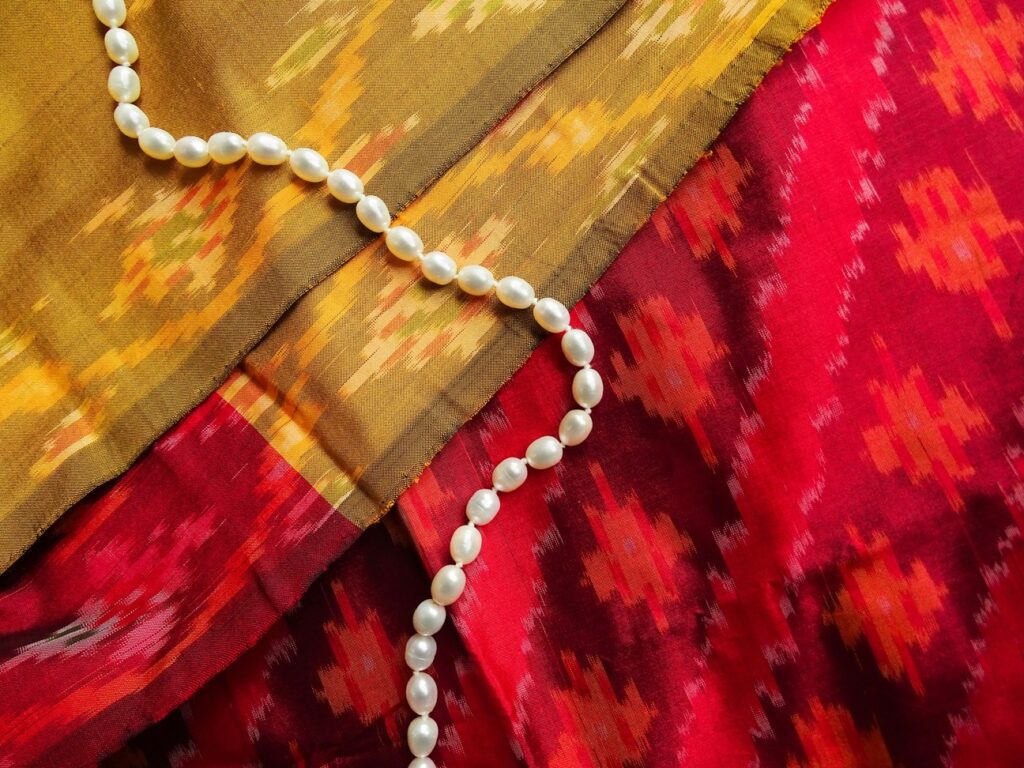 Silk saree close up with pearls